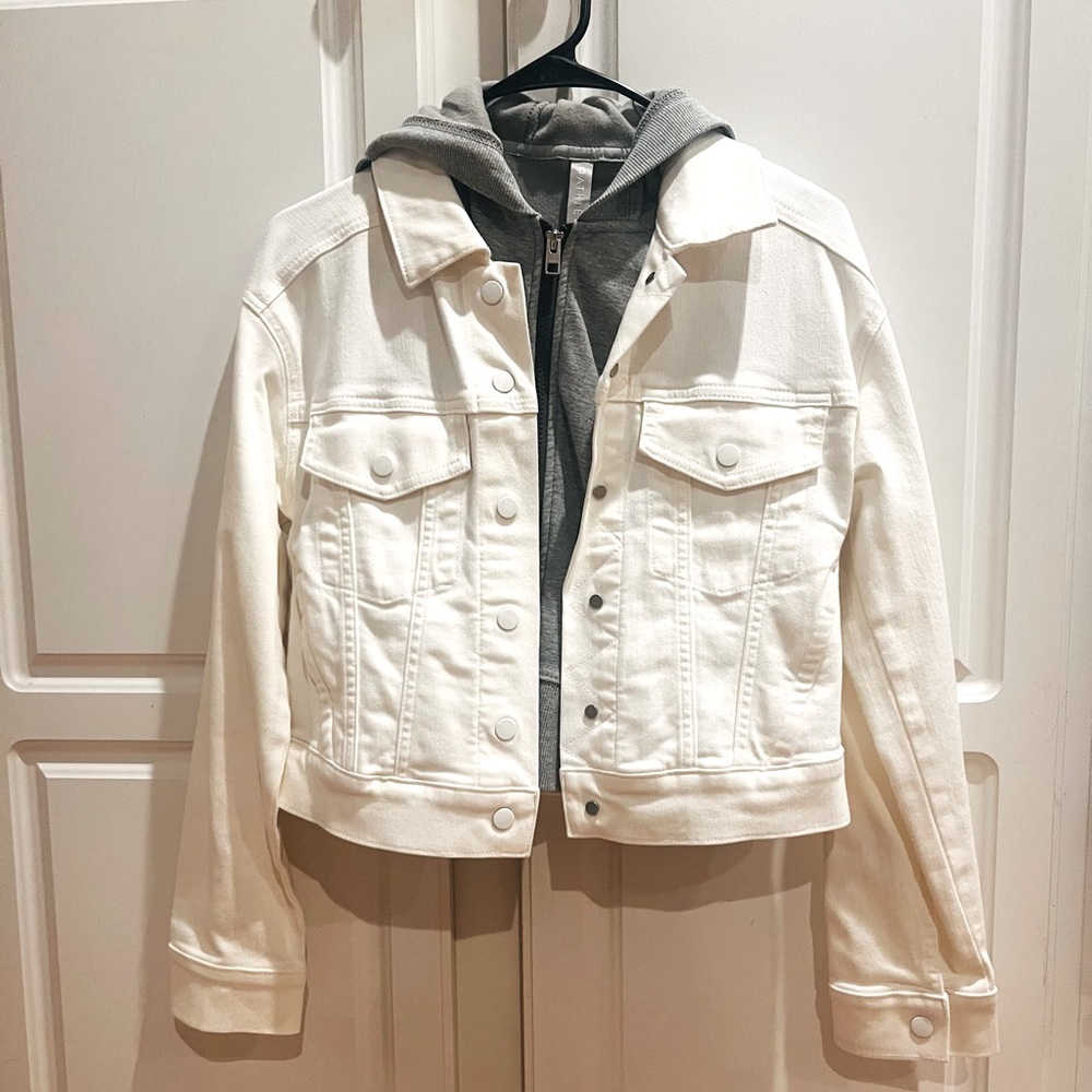 Athleta white denim jacket with grey hoodie, NEW condition (never worn), XXS